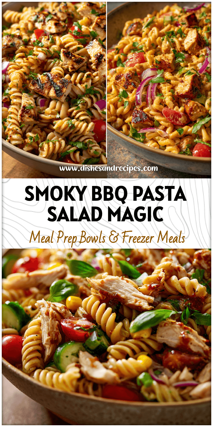 Colorful BBQ Chicken Pasta Salad served in a bowl with fresh herbs and tender chicken pieces.